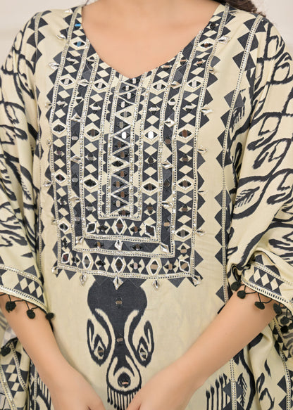 Pearl White Mirror-Work Kaftan Set