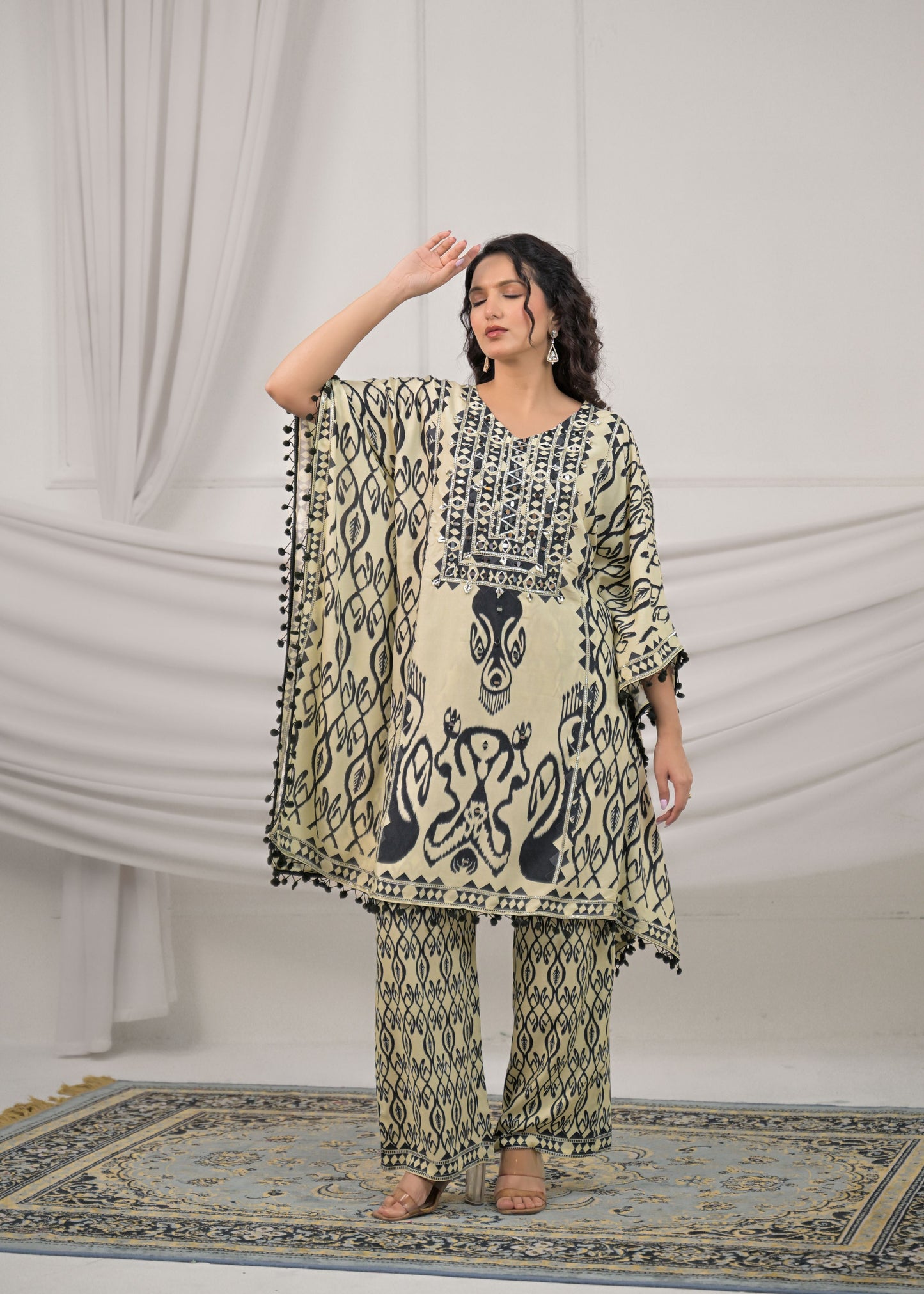 Pearl White Mirror-Work Kaftan Set