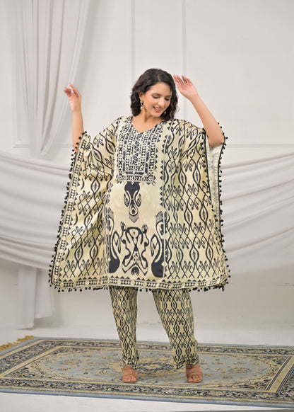 Pearl White Mirror-Work Kaftan Set