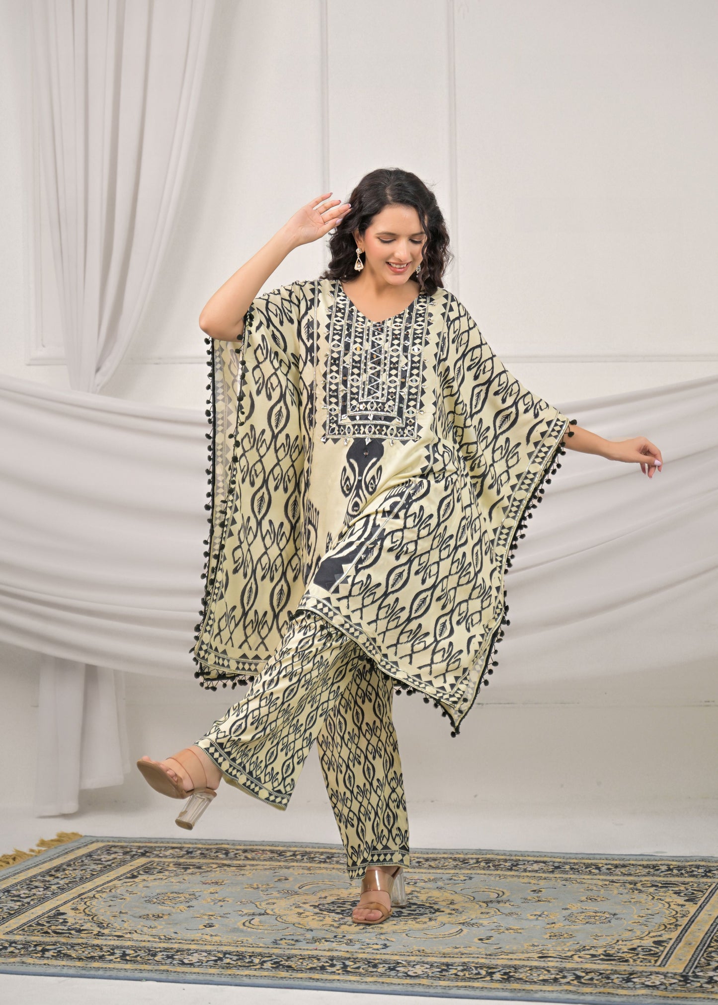 Pearl White Mirror-Work Kaftan Set