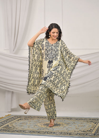 Pearl White Mirror-Work Kaftan Set