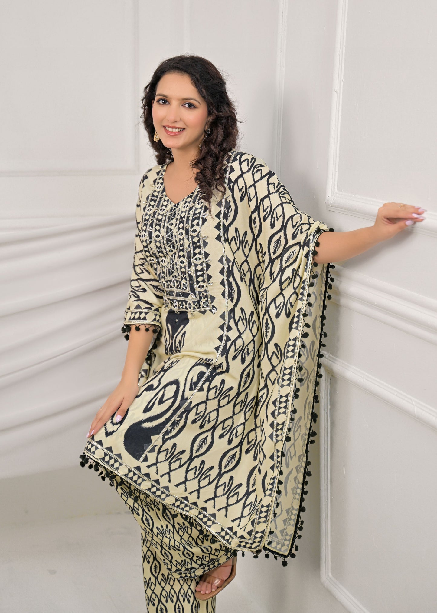 Pearl White Mirror-Work Kaftan Set