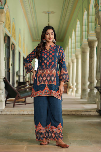 Deep Blue Digital Print Handwork Co-ord Set