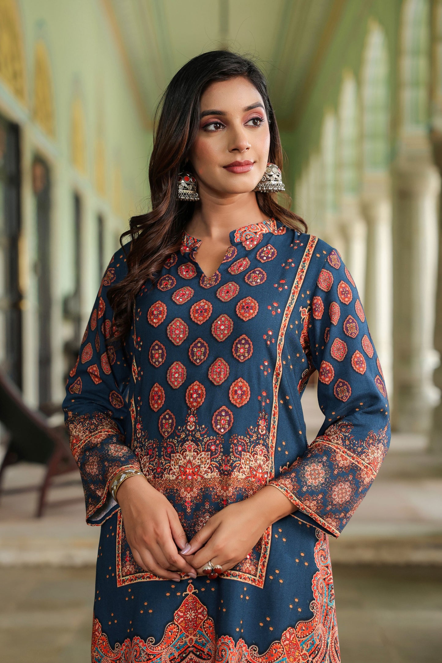 Deep Blue Digital Print Handwork Co-ord Set