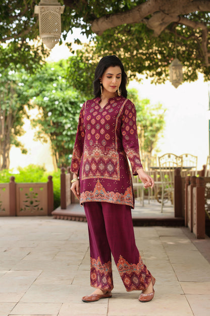 Deep Maroon Digital Print Handwork Co-ord Set