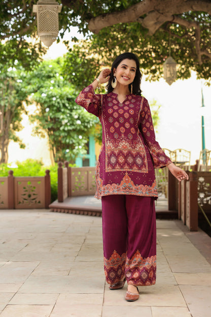 Deep Maroon Digital Print Handwork Co-ord Set