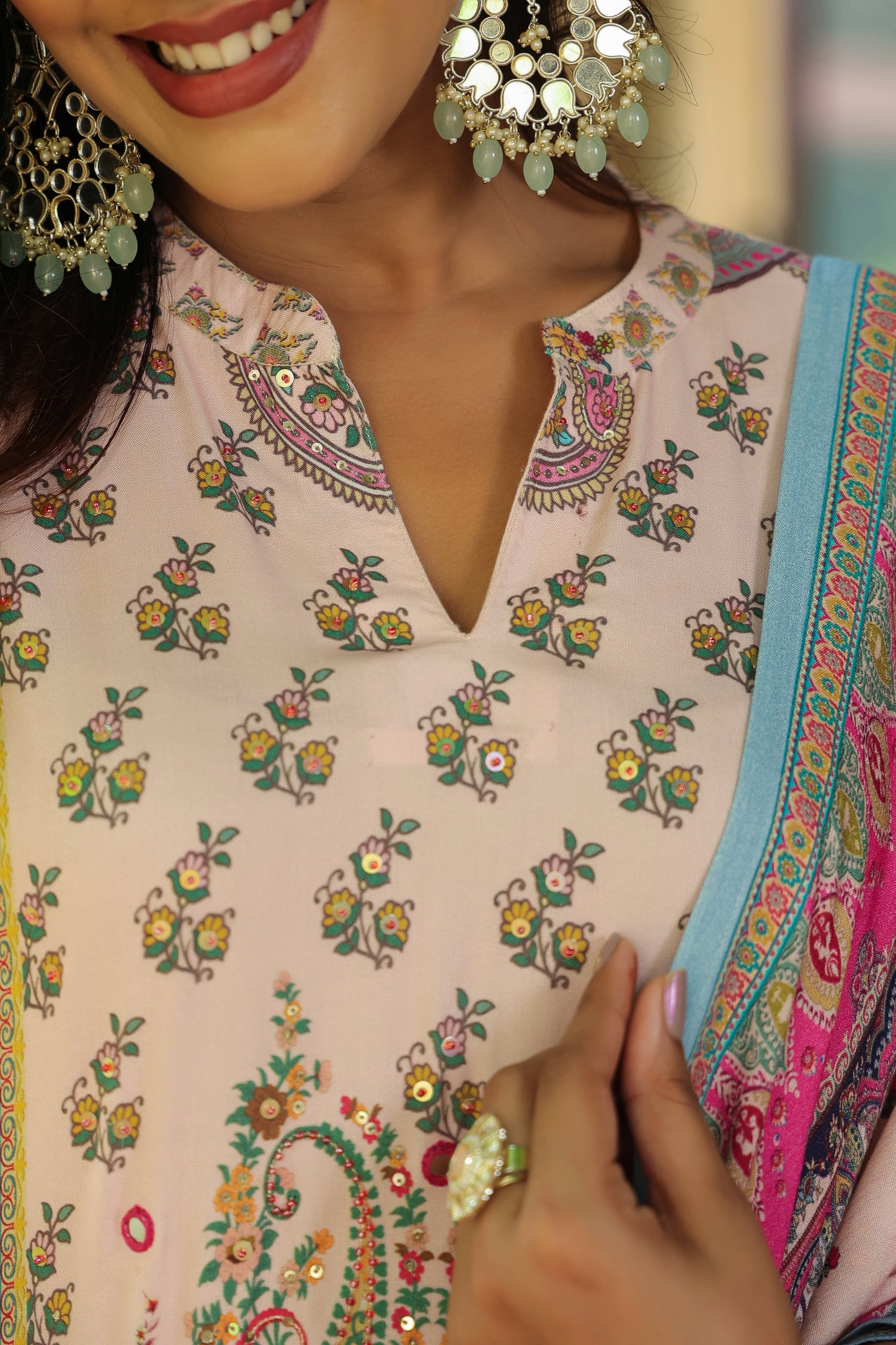 Digital Salmon Pink Handwork 3-Pcs Suit Set