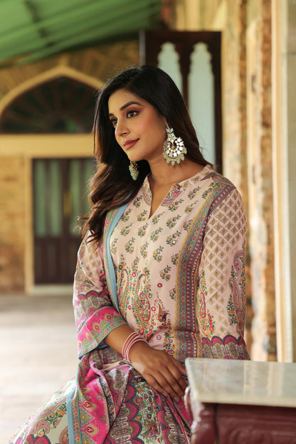 Digital Salmon Pink Handwork 3-Pcs Suit Set