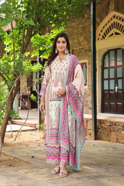Digital Salmon Pink Handwork 3-Pcs Suit Set