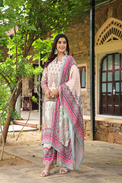 Digital Salmon Pink Handwork 3-Pcs Suit Set