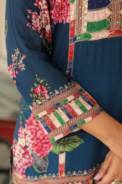 Blue Floral Print Handwork Co-ord Set