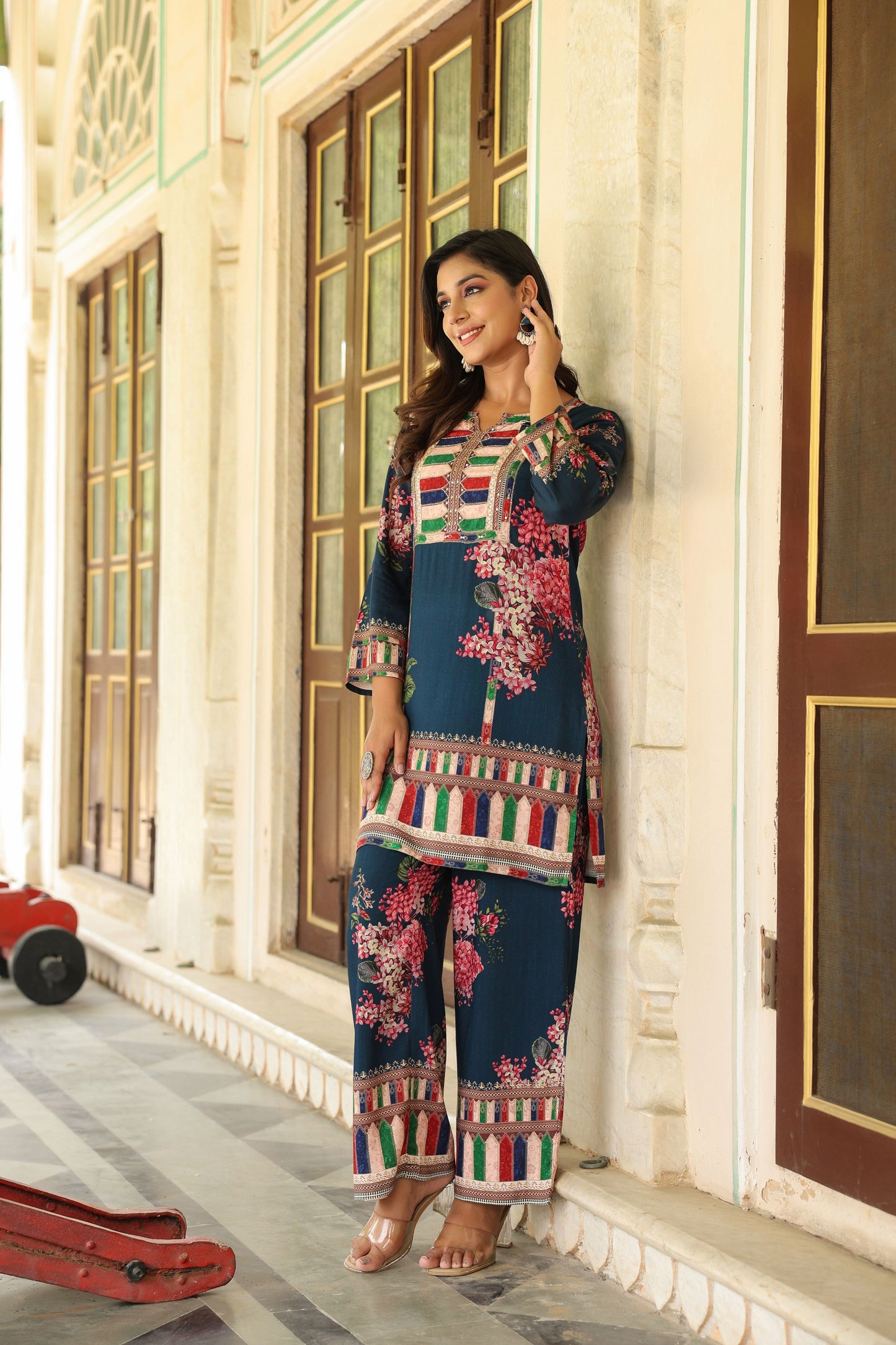 Blue Floral Print Handwork Co-ord Set