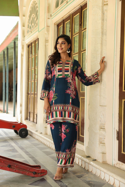 Blue Floral Print Handwork Co-ord Set