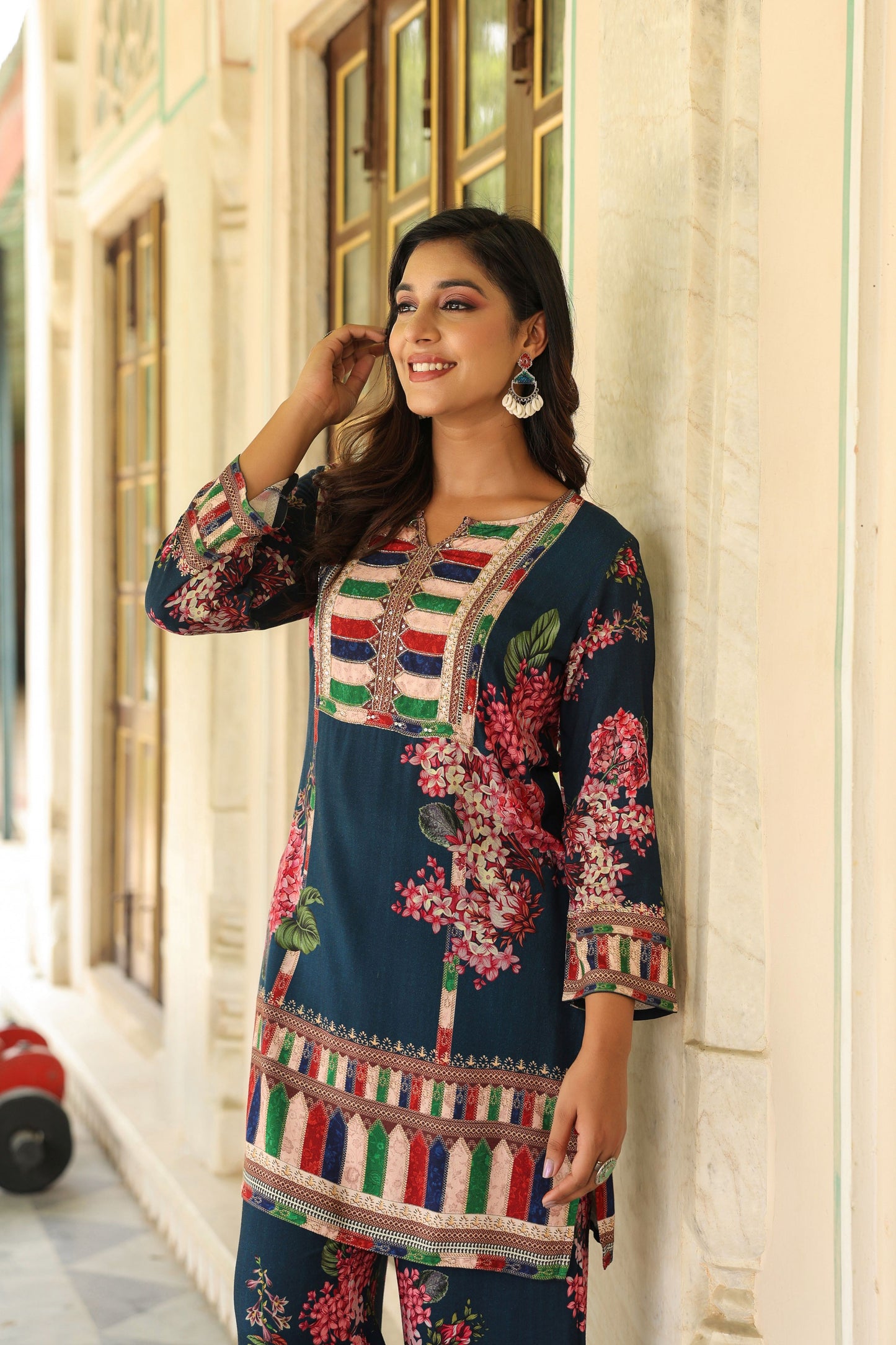 Blue Floral Print Handwork Co-ord Set