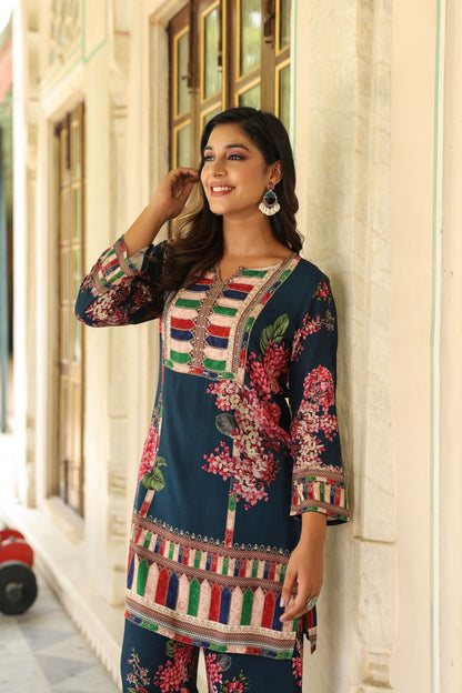 Blue Floral Print Handwork Co-ord Set