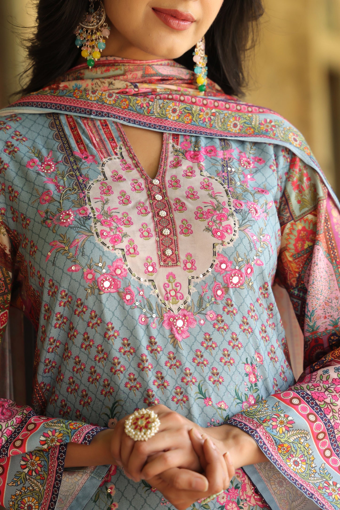 Digital Periwinkle Blue Handwork 3-Pcs Suit Set