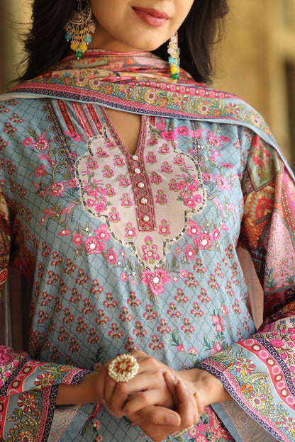 Digital Periwinkle Blue Handwork 3-Pcs Suit Set