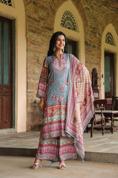 Digital Periwinkle Blue Handwork 3-Pcs Suit Set