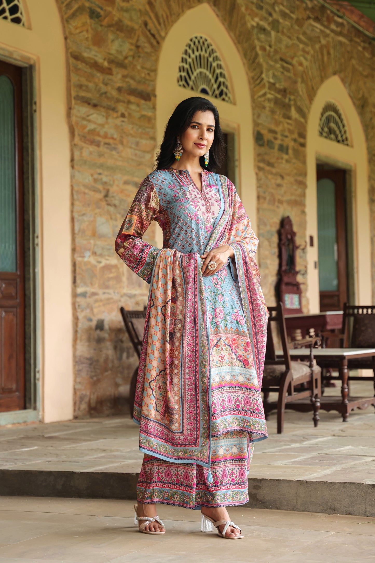 Digital Periwinkle Blue Handwork 3-Pcs Suit Set