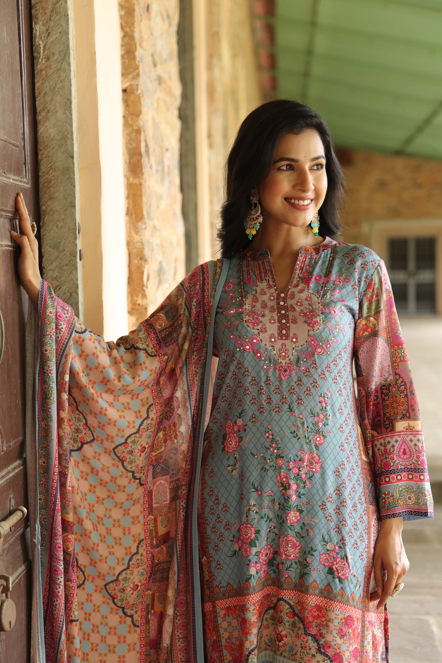 Digital Periwinkle Blue Handwork 3-Pcs Suit Set