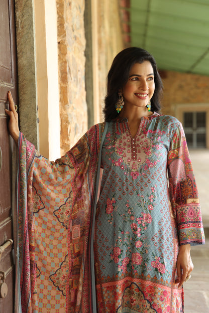 Digital Periwinkle Blue Handwork 3-Pcs Suit Set