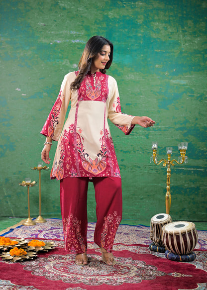 Off-White Magenta Digital Print Handwork Co-ord Set