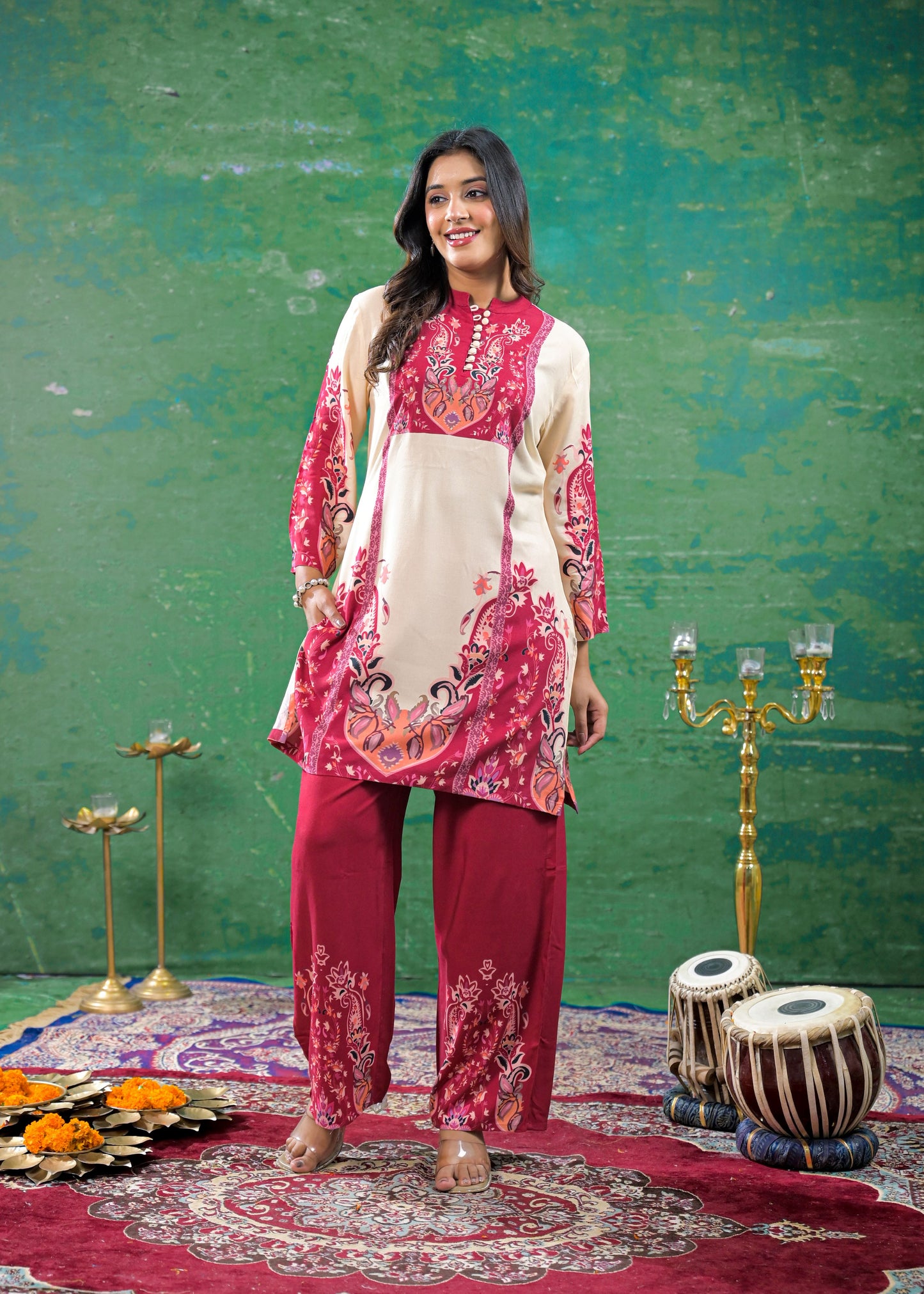 Off-White Magenta Digital Print Handwork Co-ord Set