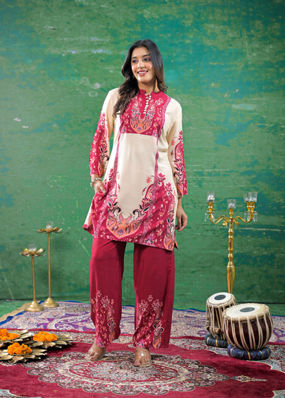 Off-White Magenta Digital Print Handwork Co-ord Set