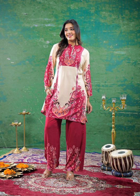 Off-White Magenta Digital Print Handwork Co-ord Set