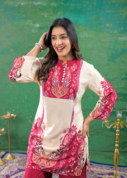 Off-White Magenta Digital Print Handwork Co-ord Set