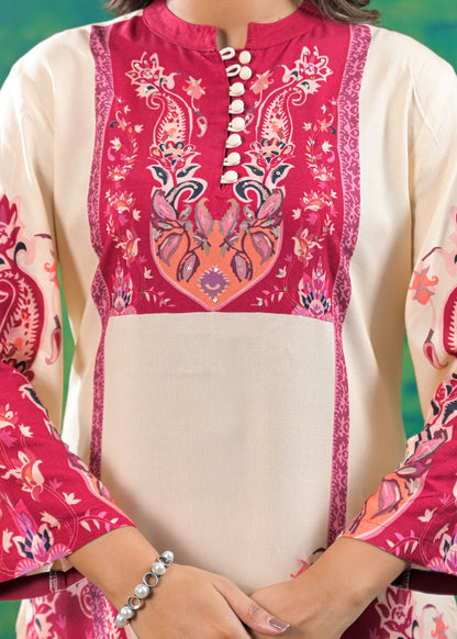 Off-White Magenta Digital Print Handwork Co-ord Set