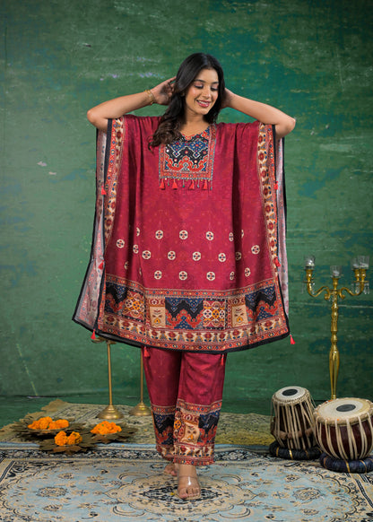Pure Muslin Crimson Red Kaftan Set