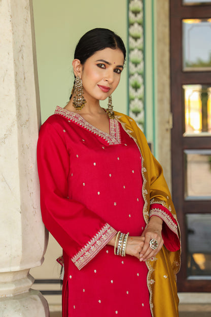 Rapido Red Contrast Dupatta 3-Pcs Suit Set