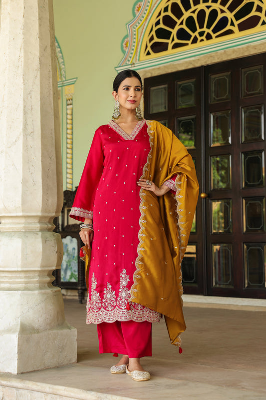 Rapido Red Contrast Dupatta 3-Pcs Suit Set