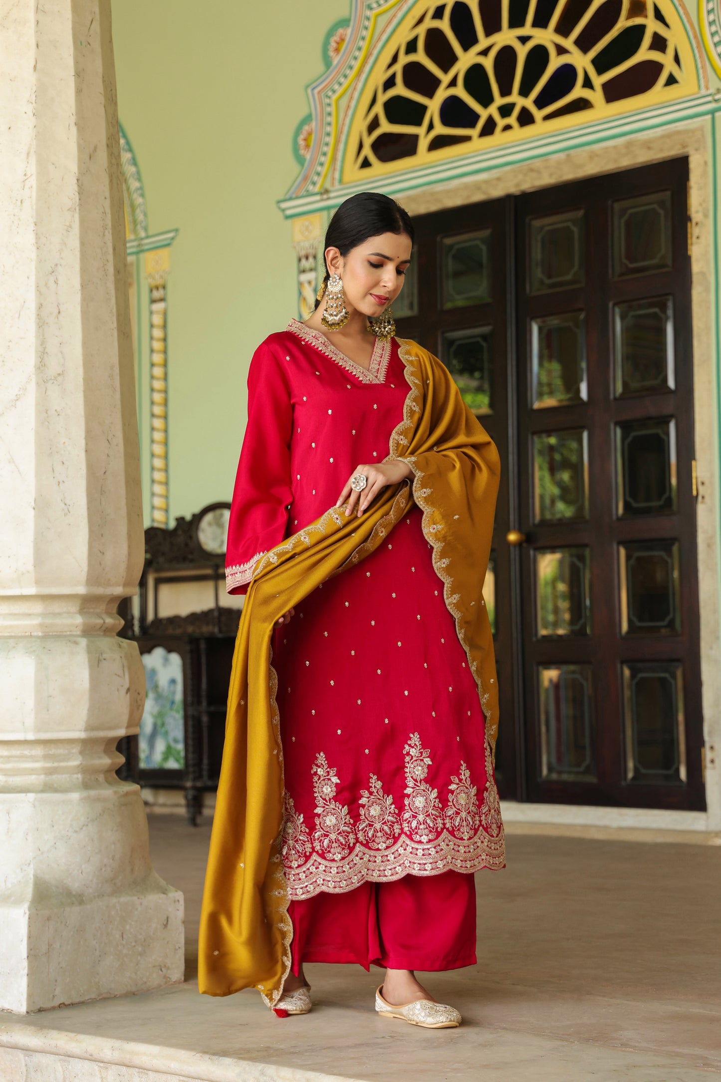 Rapido Red Contrast Dupatta 3-Pcs Suit Set