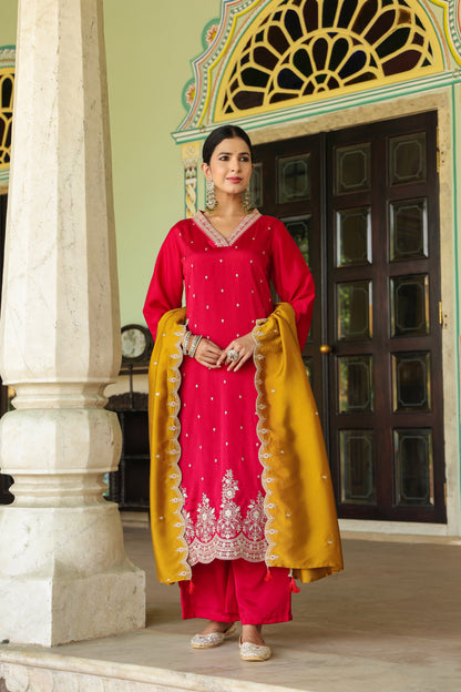 Rapido Red Contrast Dupatta 3-Pcs Suit Set