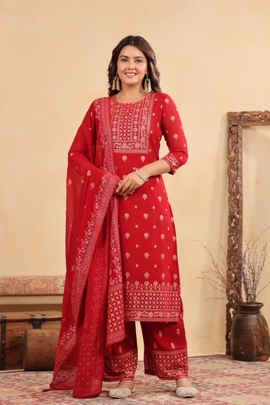 Maroon Red Georgette Handwork 3-Pcs Suit Set