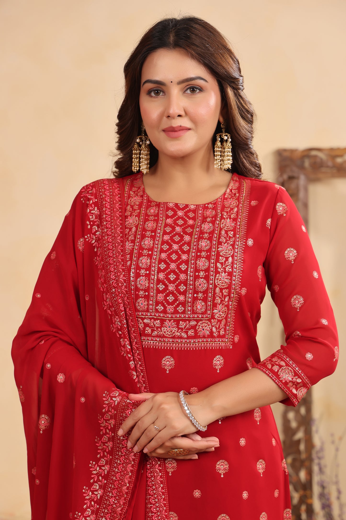 Maroon Red Georgette Handwork 3-Pcs Suit Set