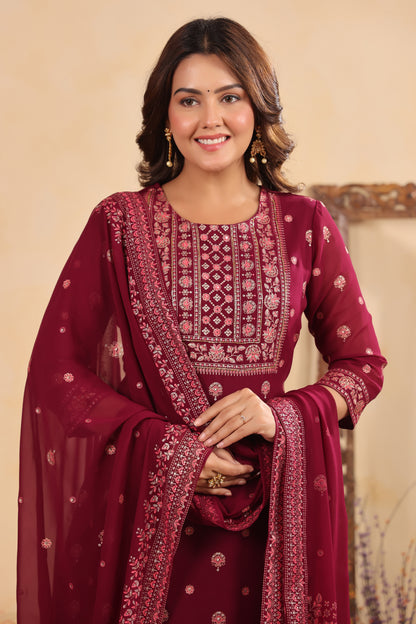 Plum Georgette Handwork 3-Pcs Suit Set