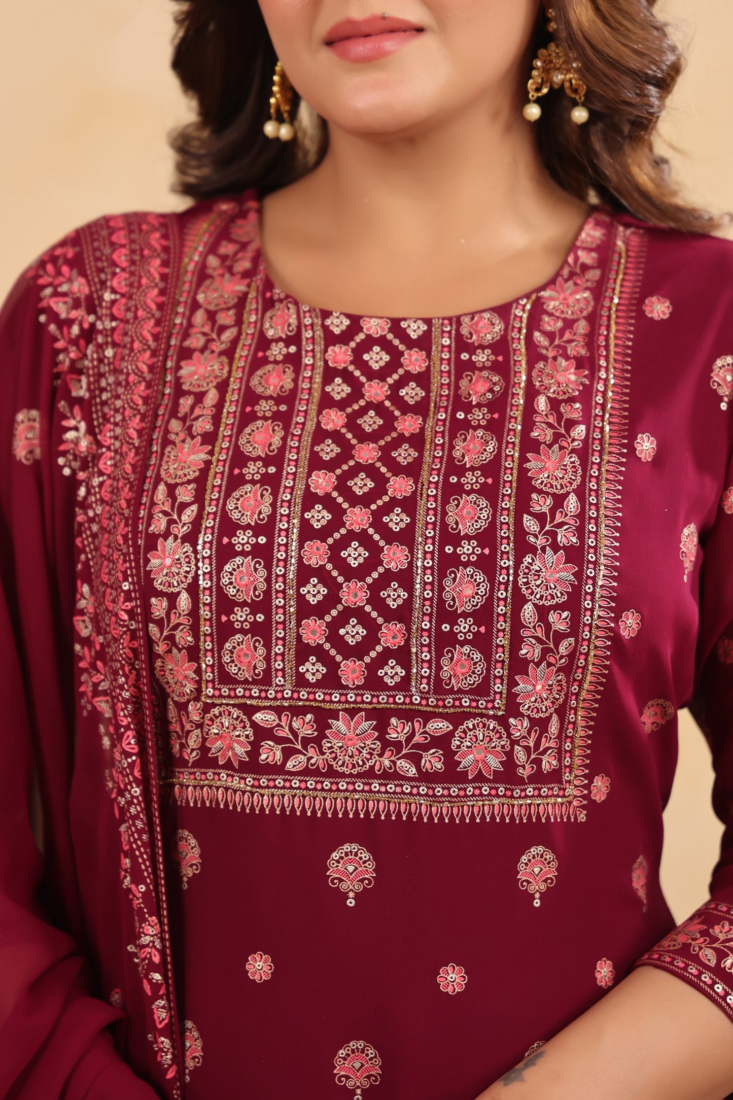 Plum Georgette Handwork 3-Pcs Suit Set