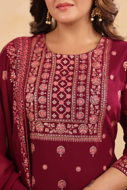 Plum Georgette Handwork 3-Pcs Suit Set