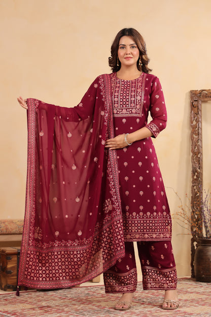 Plum Georgette Handwork 3-Pcs Suit Set