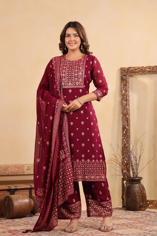 Plum Georgette Handwork 3-Pcs Suit Set
