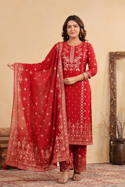 Maroon Red Georgette Handwork 3-Pcs Suit Set