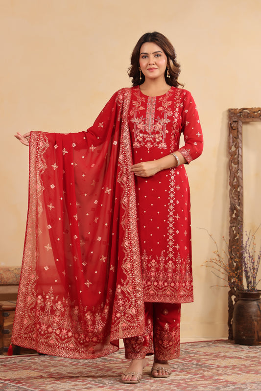 Maroon Red Georgette Handwork 3-Pcs Suit Set