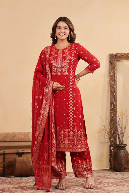 Maroon Red Georgette Handwork 3-Pcs Suit Set