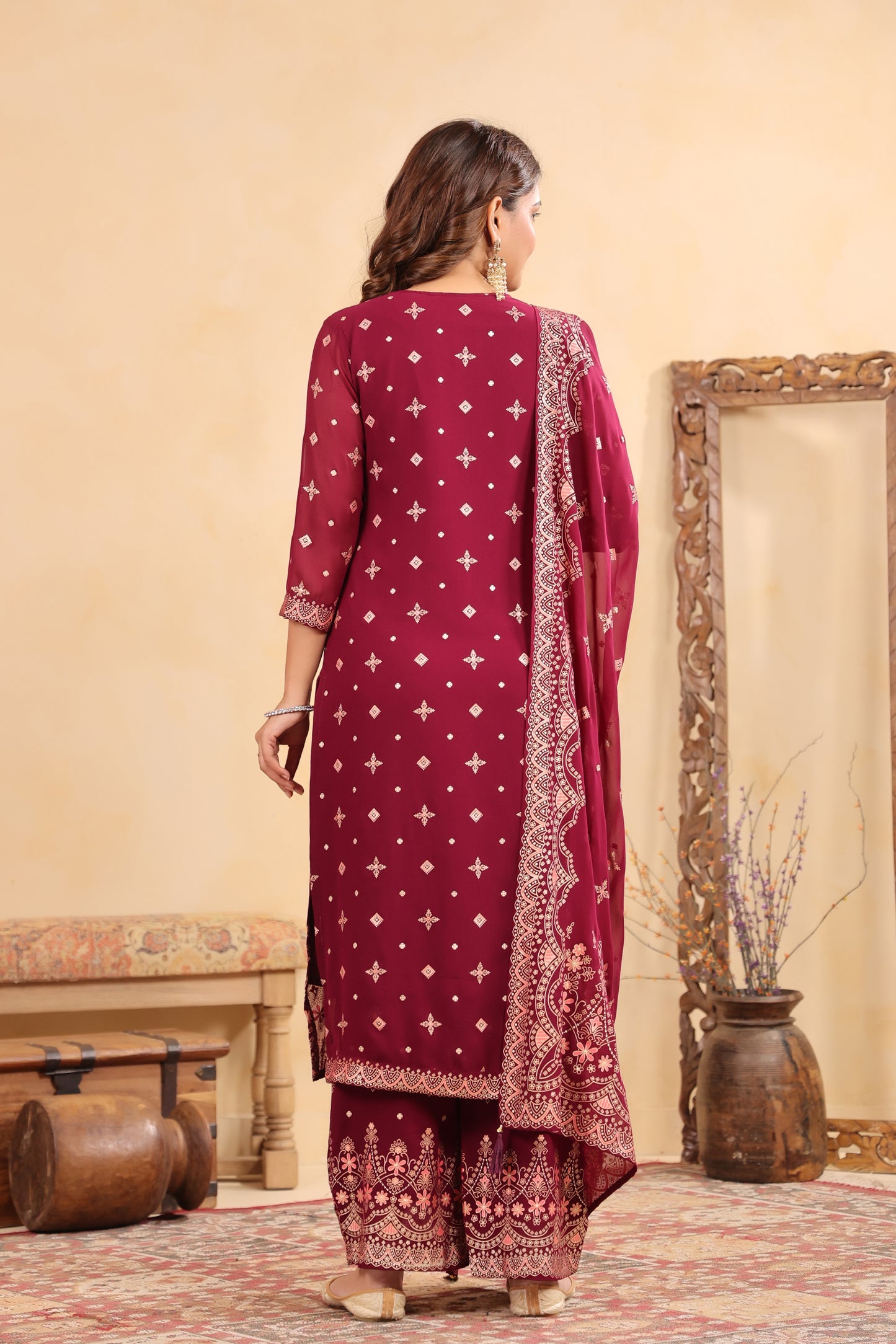 Plum Georgette Handwork 3-Pcs Suit Set