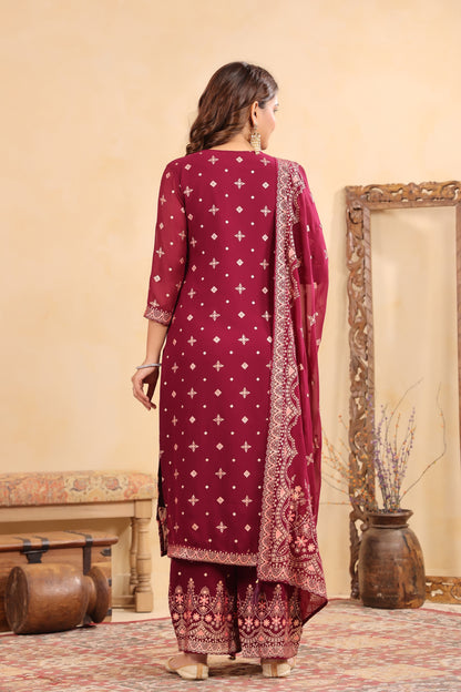 Plum Georgette Handwork 3-Pcs Suit Set