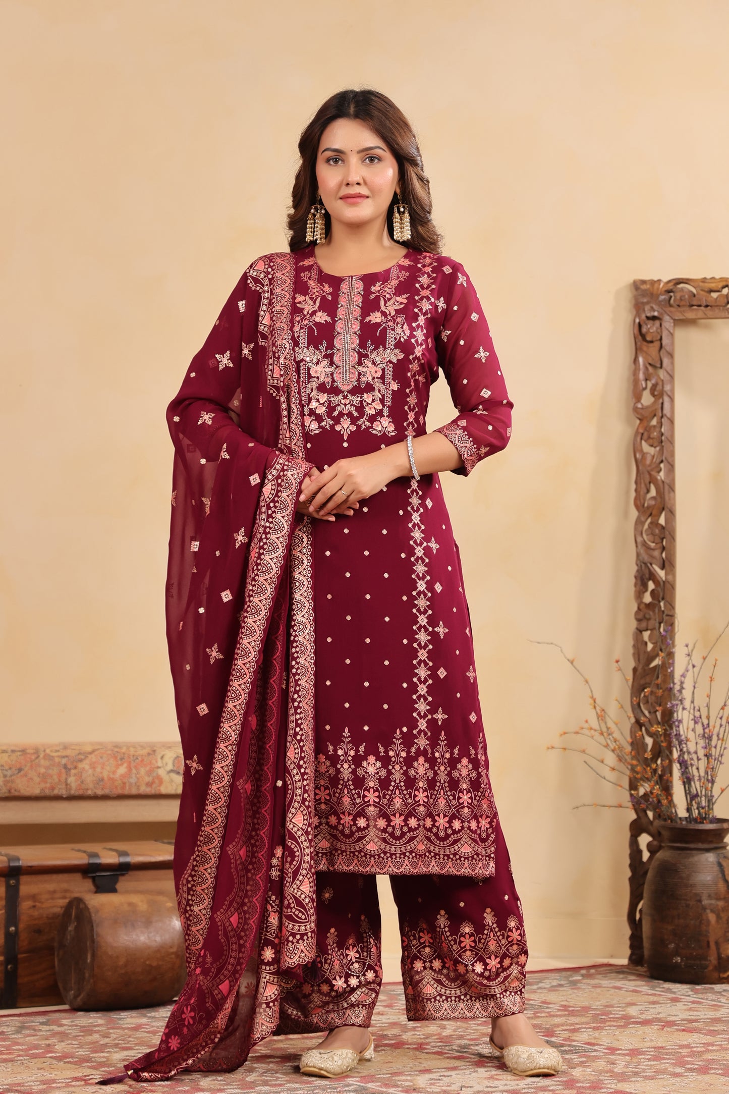 Plum Georgette Handwork 3-Pcs Suit Set