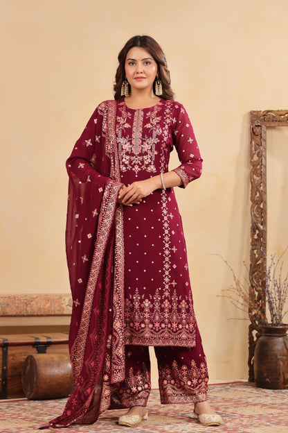 Plum Georgette Handwork 3-Pcs Suit Set